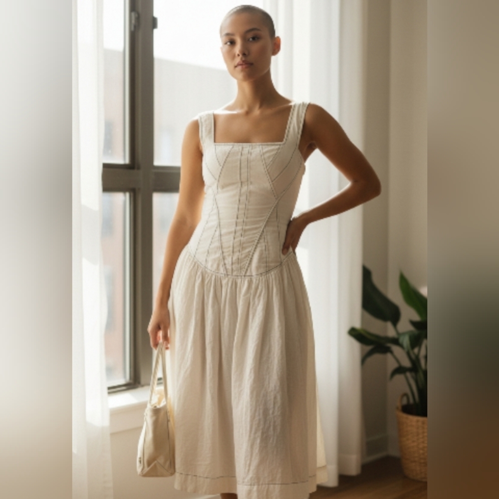 By Anthropologie Sleeveless Square-Neck Twofer Midi Cream Dress Sz Small (4-6)